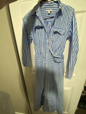 Blue and White Striped Button-Front Shirt Dress